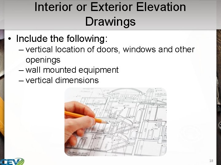 Interior or Exterior Elevation Drawings • Include the following: – vertical location of doors,
