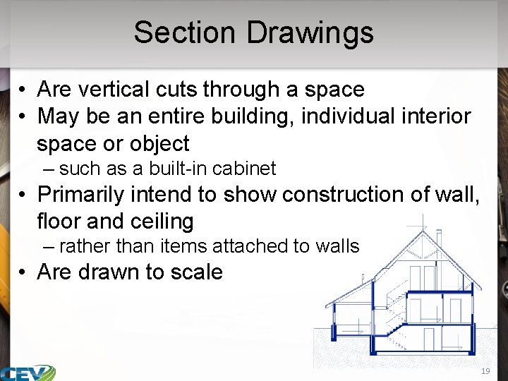 Section Drawings • Are vertical cuts through a space • May be an entire