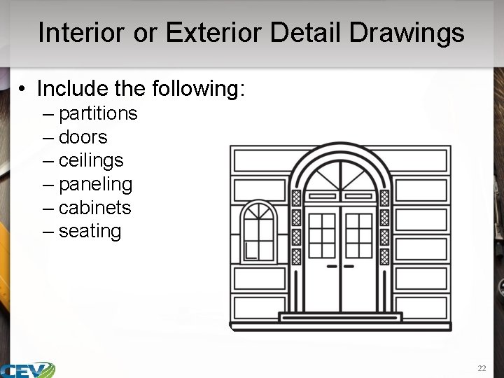 Interior or Exterior Detail Drawings • Include the following: – partitions – doors –