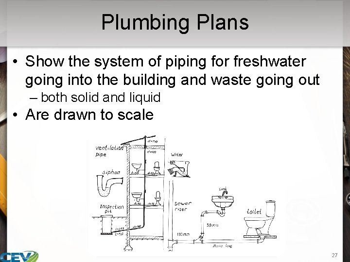 Plumbing Plans • Show the system of piping for freshwater going into the building