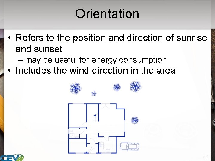 Orientation • Refers to the position and direction of sunrise and sunset – may