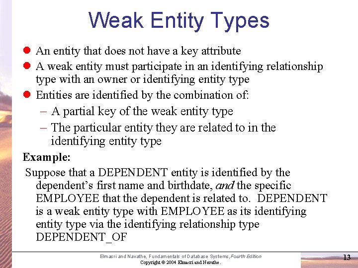 Weak Entity Types An entity that does not have a key attribute A weak