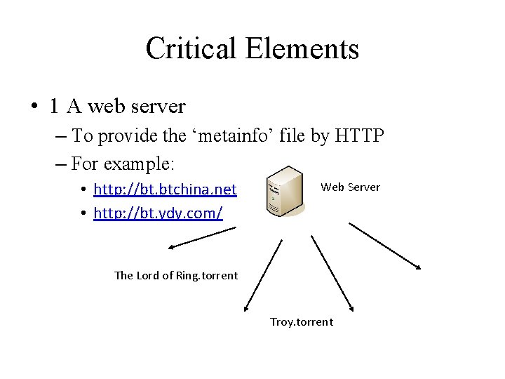 Critical Elements • 1 A web server – To provide the ‘metainfo’ file by