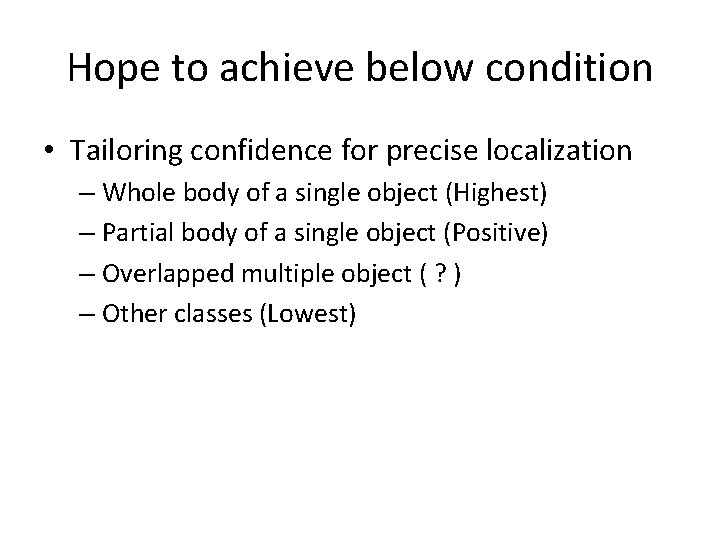 Hope to achieve below condition • Tailoring confidence for precise localization – Whole body