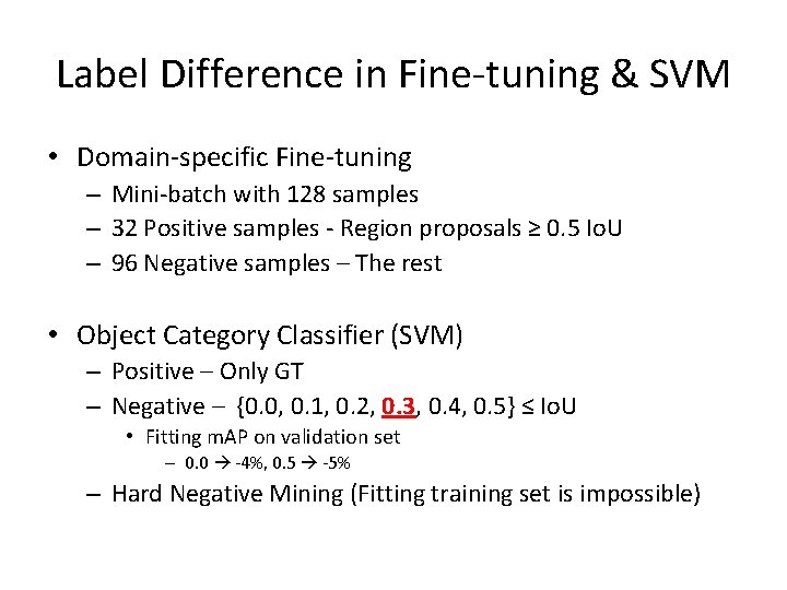 Label Difference in Fine-tuning & SVM • Domain-specific Fine-tuning – Mini-batch with 128 samples