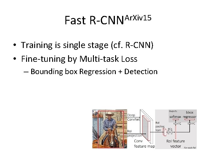Fast R-CNNAr. Xiv 15 • Training is single stage (cf. R-CNN) • Fine-tuning by