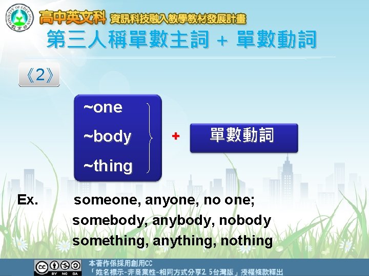 第三人稱單數主詞 + 單數動詞 《2》 ~one ~body +　　單數動詞 ~thing Ex. someone, anyone, no one; somebody,