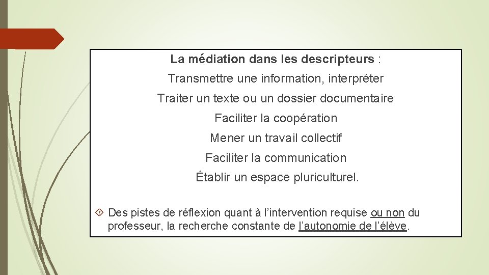 La médiation dans les descripteurs : Transmettre une information, interpréter Traiter un texte ou