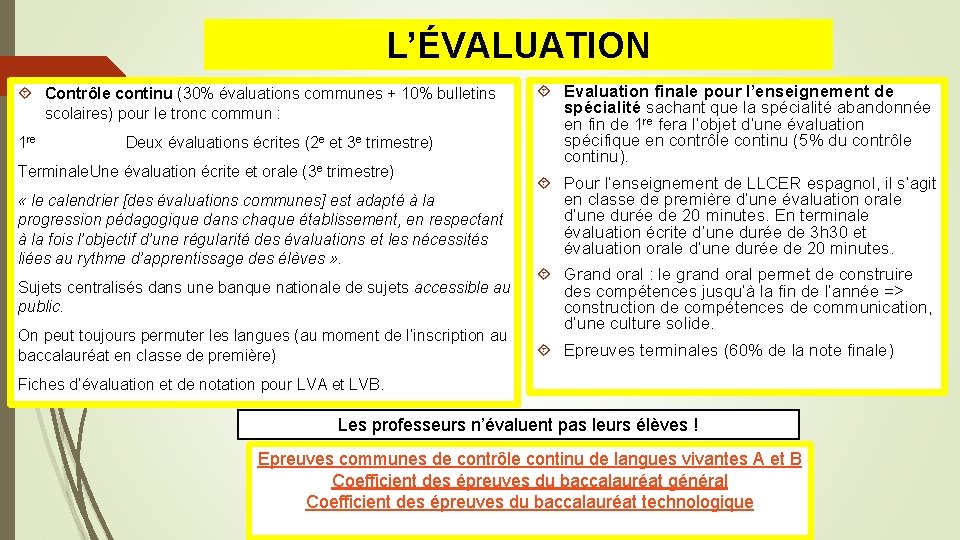 L’ÉVALUATION Contrôle continu (30% évaluations communes + 10% bulletins scolaires) pour le tronc commun