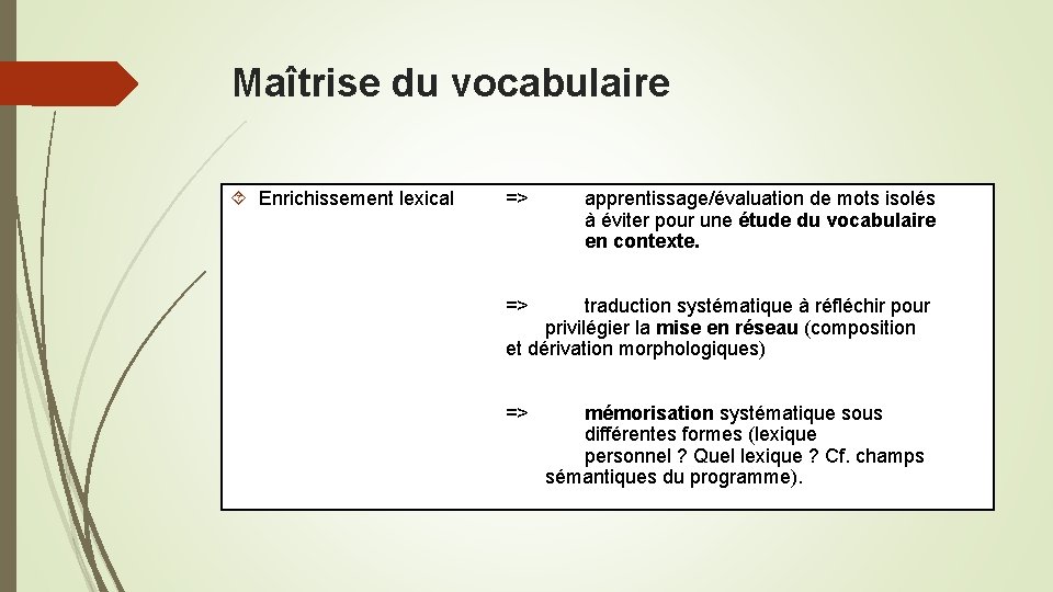 Maîtrise du vocabulaire Enrichissement lexical => apprentissage/évaluation de mots isolés à éviter pour une