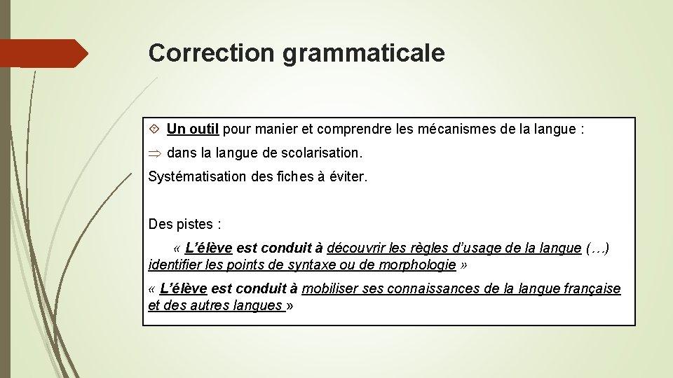 Correction grammaticale Un outil pour manier et comprendre les mécanismes de la langue :