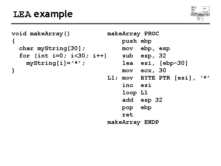 LEA example void make. Array() make. Array PROC { push ebp char my. String[30];