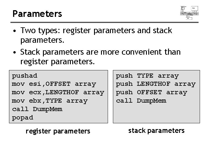 Parameters • Two types: register parameters and stack parameters. • Stack parameters are more