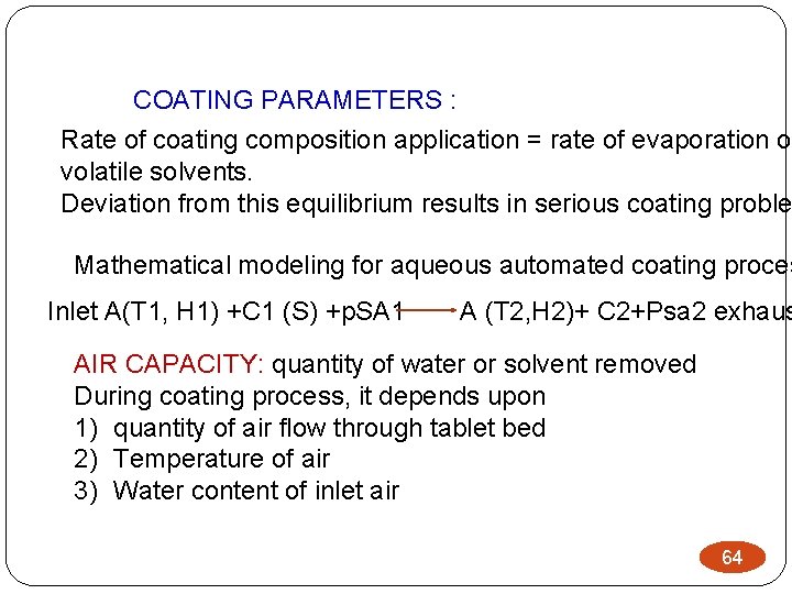 COATING PARAMETERS : Rate of coating composition application = rate of evaporation of volatile