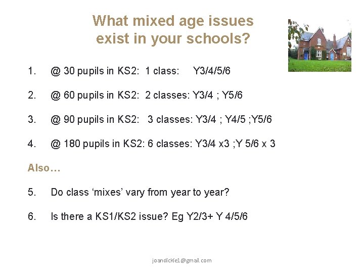 What mixed age issues exist in your schools? 1. @ 30 pupils in KS