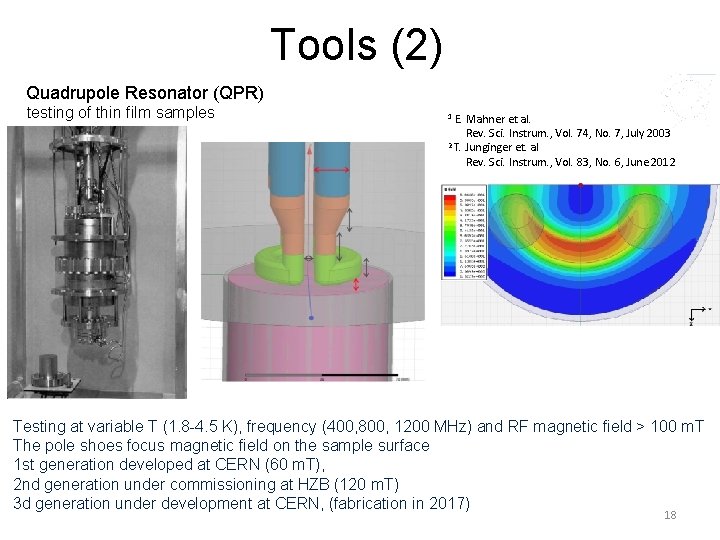 Tools (2) Quadrupole Resonator (QPR) testing of thin film samples 1 E. Mahner et