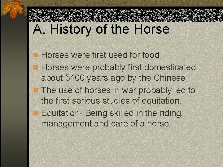 A. History of the Horse n Horses were first used for food. n Horses