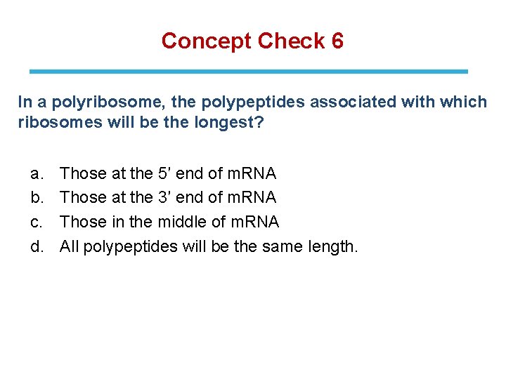 Concept Check 6 In a polyribosome, the polypeptides associated with which ribosomes will be