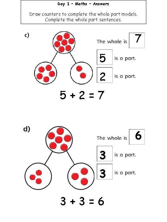 Day 1 – Maths – Answers Draw counters to complete the whole part models.