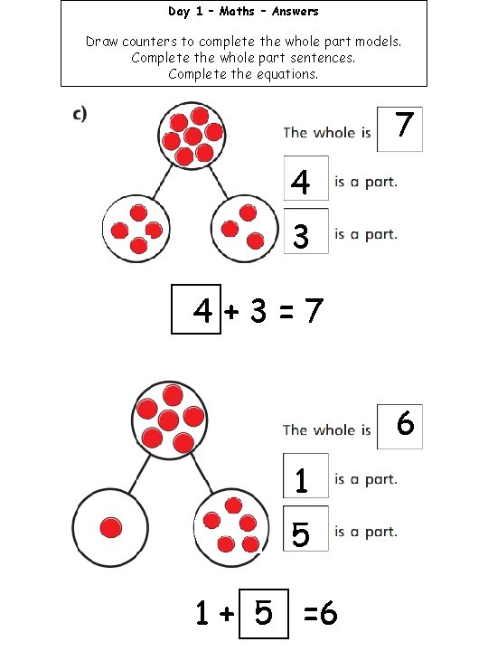 Day 1 – Maths – Answers Draw counters to complete the whole part models.