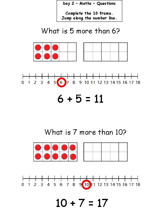 Day 2 – Maths – Questions Complete the 10 frame. Jump along the number