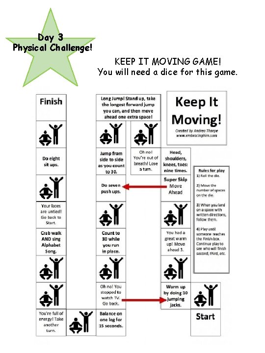 Day 3 Physical Challenge! KEEP IT MOVING GAME! You will need a dice for