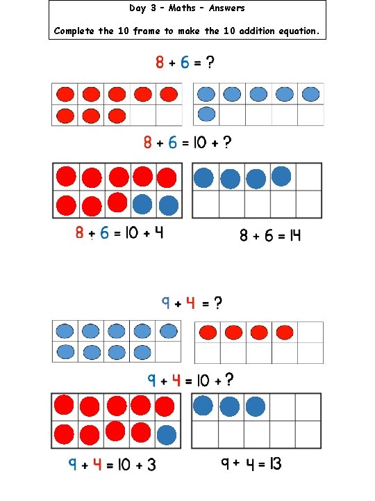 Day 3 – Maths – Answers Complete the 10 frame to make the 10