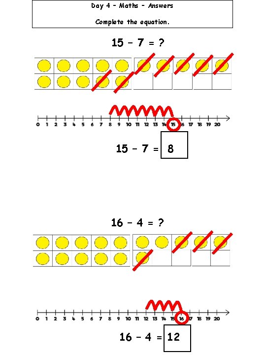 Day 4 – Maths – Answers Complete the equation. 15 – 7 = ?