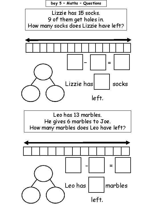 Day 5 – Maths – Questions Lizzie has 15 socks. 9 of them get