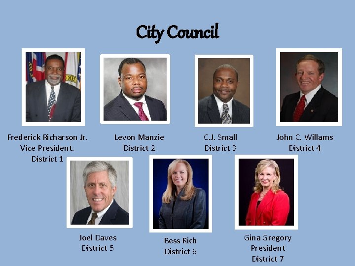 City Council Frederick Richarson Jr. Vice President. District 1 Levon Manzie District 2 Joel
