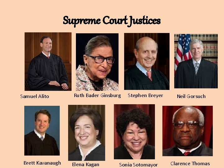 Supreme Court Justices Samuel Alito Brett Kavanaugh Ruth Bader Ginsburg Elena Kagan Stephen Breyer