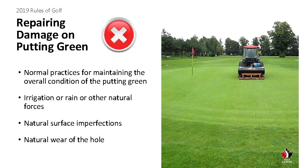 2019 Rules of Golf Repairing Damage on Putting Green • Normal practices for maintaining