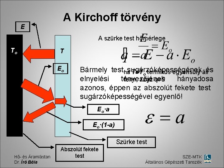 E A Kirchoff törvény A szürke test hőmérlege To T Eo Bármely test hasugárzóképességének