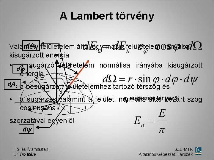 A Lambert törvény d. A 2 felületelem által egy másik felületelem irányába Valamely n