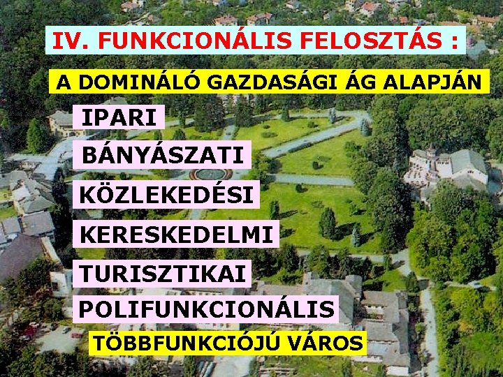 IV. FUNKCIONÁLIS FELOSZTÁS : A DOMINÁLÓ GAZDASÁGI ÁG ALAPJÁN IPARI BÁNYÁSZATI KÖZLEKEDÉSI KERESKEDELMI TURISZTIKAI