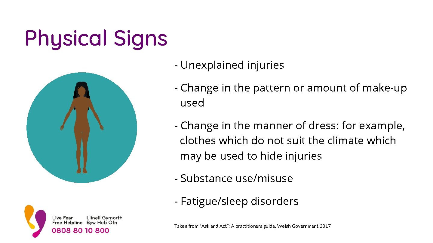 Physical Signs - Unexplained injuries - Change in the pattern or amount of make-up