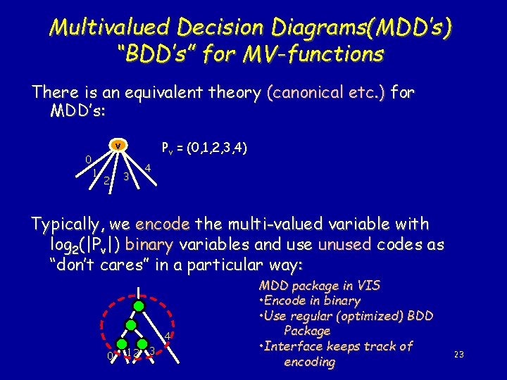 Multivalued Decision Diagrams(MDD’s) “BDD’s” for MV-functions There is an equivalent theory (canonical etc. )