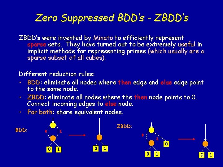 Zero Suppressed BDD’s - ZBDD’s were invented by Minato to efficiently represent sparse sets.