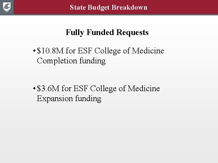 State Budget Breakdown Fully Funded Requests • $10. 8 M for ESF College of