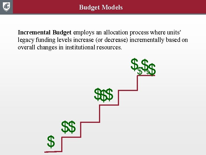 Budget Models Incremental Budget employs an allocation process where units’ legacy funding levels increase