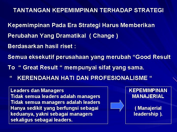 TANTANGAN KEPEMIMPINAN TERHADAP STRATEGI Kepemimpinan Pada Era Strategi Harus Memberikan Perubahan Yang Dramatikal ( TANTANGAN KEPEMIMPINAN TERHADAP STRATEGI Kepemimpinan Pada Era Strategi Harus Memberikan Perubahan Yang Dramatikal (