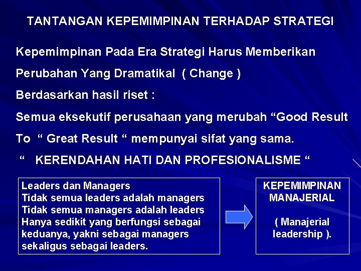 TANTANGAN KEPEMIMPINAN TERHADAP STRATEGI Kepemimpinan Pada Era Strategi Harus Memberikan Perubahan Yang Dramatikal (