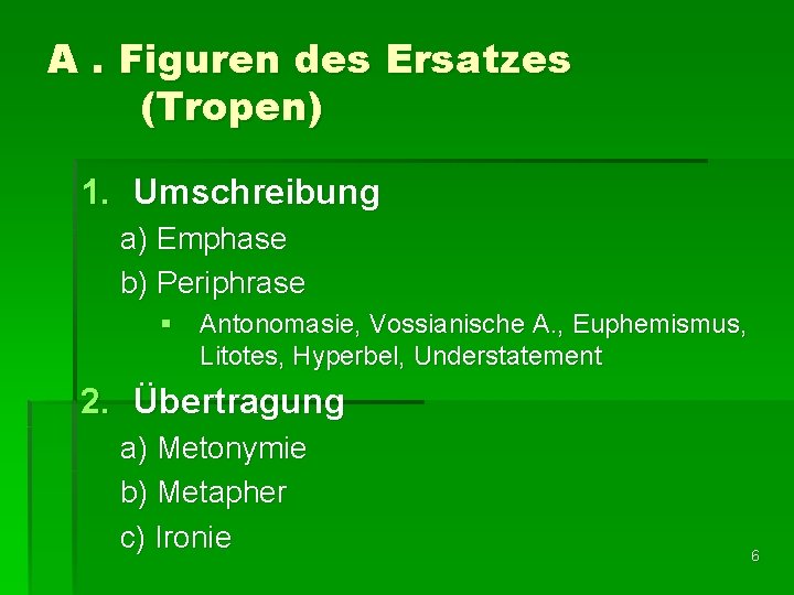 A. Figuren des Ersatzes (Tropen) 1. Umschreibung a) Emphase b) Periphrase § Antonomasie, Vossianische