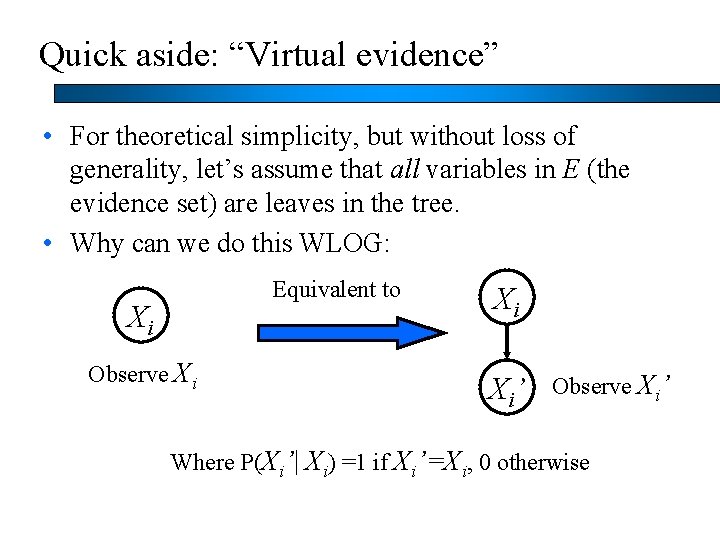 Quick aside: “Virtual evidence” • For theoretical simplicity, but without loss of generality, let’s