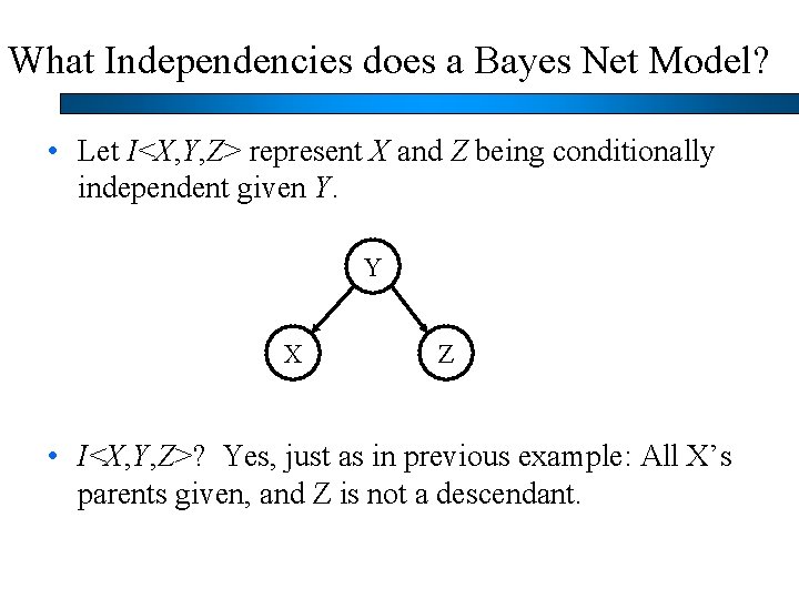 What Independencies does a Bayes Net Model? • Let I<X, Y, Z> represent X