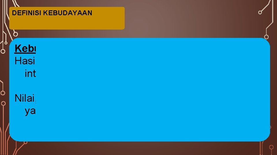 DEFINISI KEBUDAYAAN Kebudayaan adalah Hasil cipta, rasa, karsa manusia melalui proses interaksi sosial Nilai, DEFINISI KEBUDAYAAN Kebudayaan adalah Hasil cipta, rasa, karsa manusia melalui proses interaksi sosial Nilai,