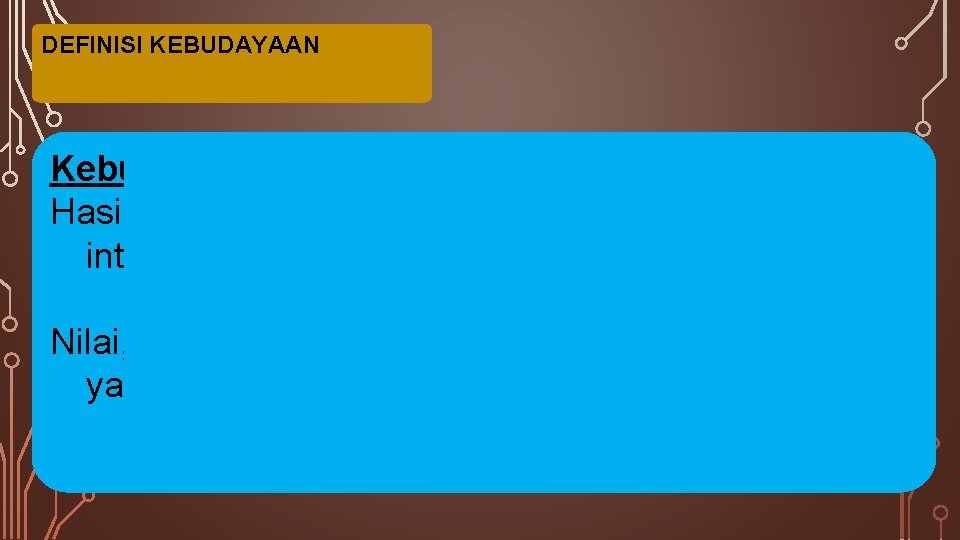 DEFINISI KEBUDAYAAN Kebudayaan adalah Hasil cipta, rasa, karsa manusia melalui proses interaksi sosial Nilai,