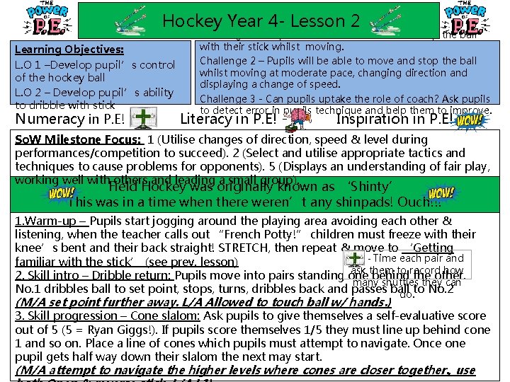 Hockey Year 4 - Lesson 2 Learning Objectives: L. O 1 –Develop pupil’s control