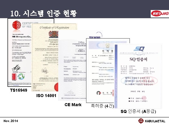 10. 시스템 인증 현황 TS 16949 ISO 14001 CE Mark Nov. 2014 특허증 (4건)