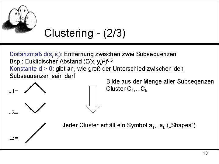 Clustering - (2/3) Distanzmaß d(si, sj): Entfernung zwischen zwei Subsequenzen Bsp. : Euklidischer Abstand